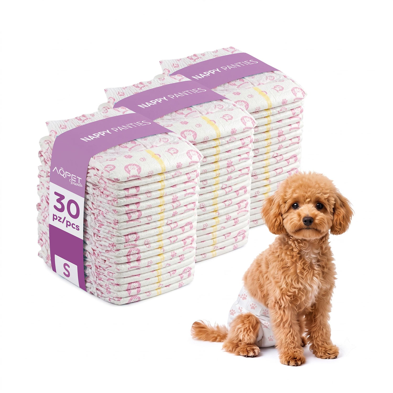 AQPET FRIENDS Nappy Panties Pannolini A Fascia Per Cani Femmina 30 Pezzi Assorbenti Igiene Quotidiana