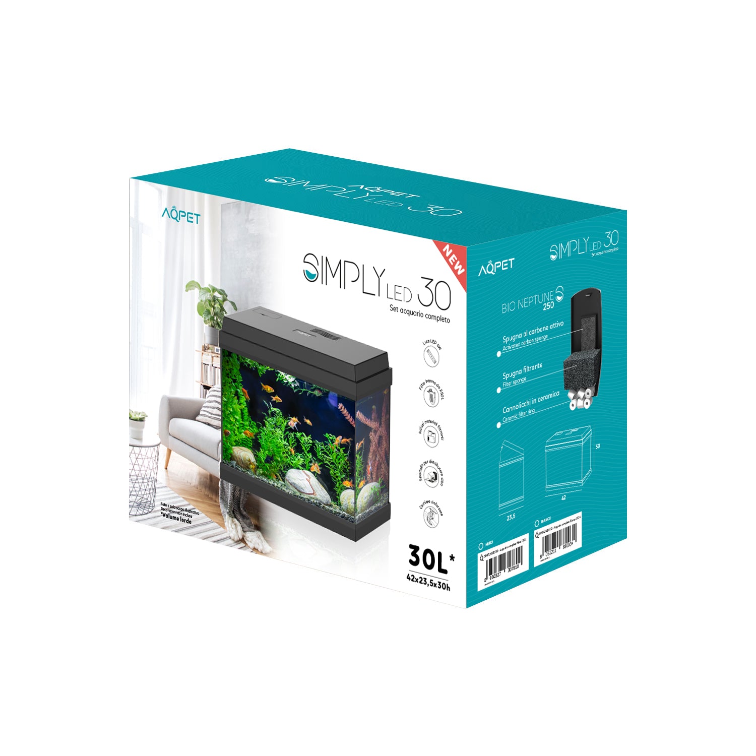 AQPET SIMPLY LED 30 BLACK AQUARIUM COMPLETE WITH LIGHT AND FILTER - 39X22X30 H CM