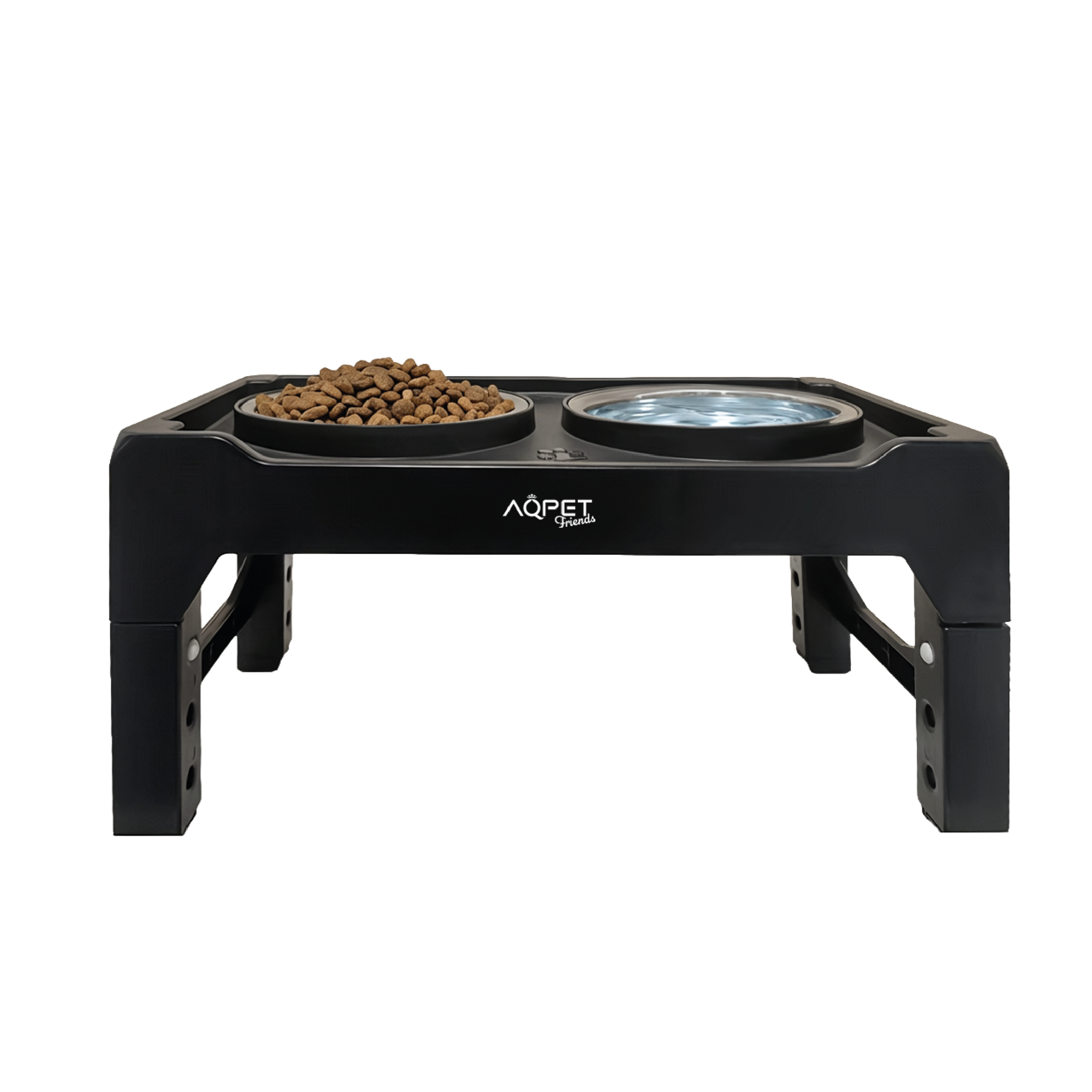 AQPET FRIENDS Porta Ciotole Rialzato per Cani a 3 Livelli Regolabili – Supporto Antiscivolo 40x22x8-26h cm con 2 Ciotole in Acciaio Inox Ø14 cm – Migliora la Postura Durante il Pasto
