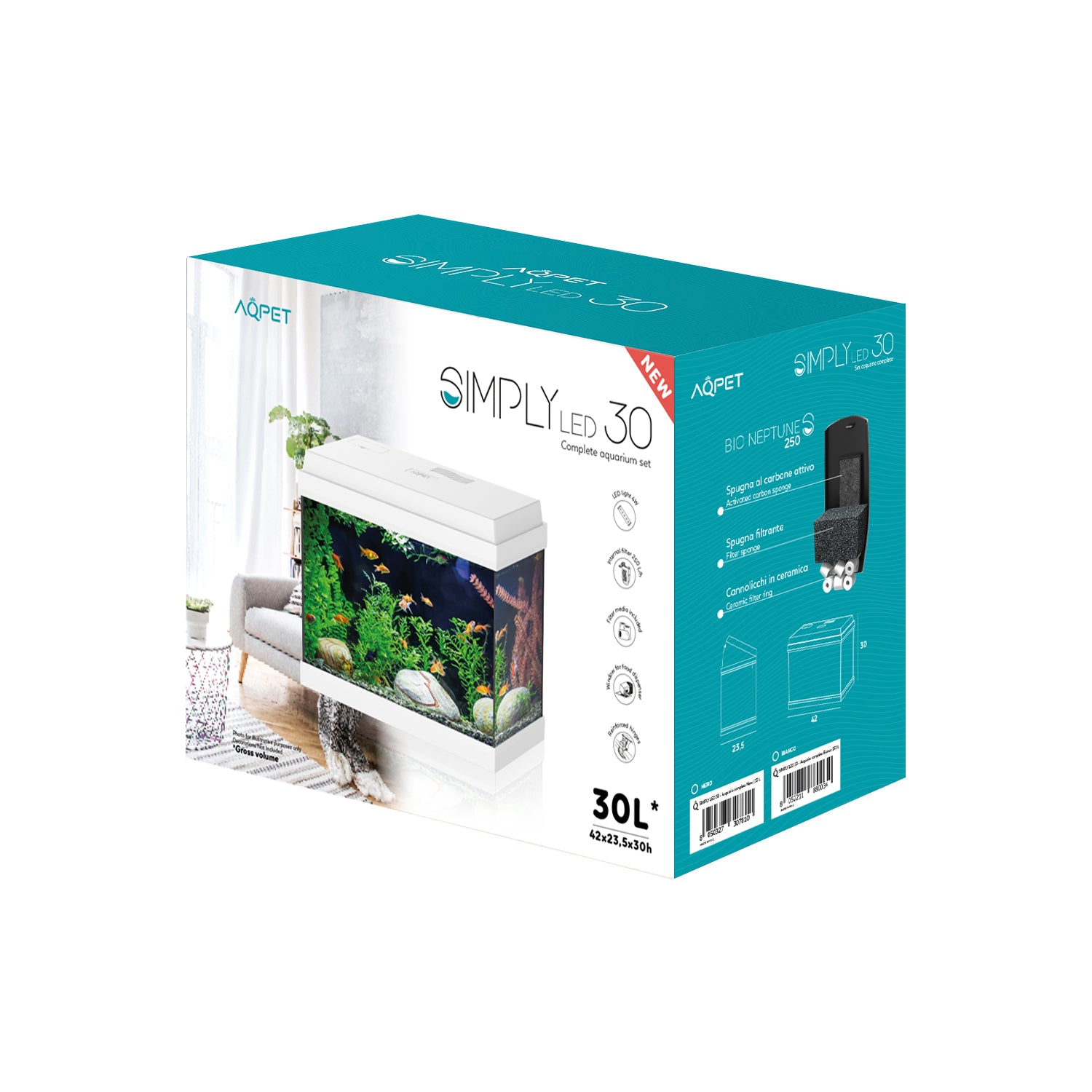 AQPET AQUARIUM SIMPLY LED 30 WHITE COMPLETE WITH LIGHT AND FILTER - 39X22X30 H CM