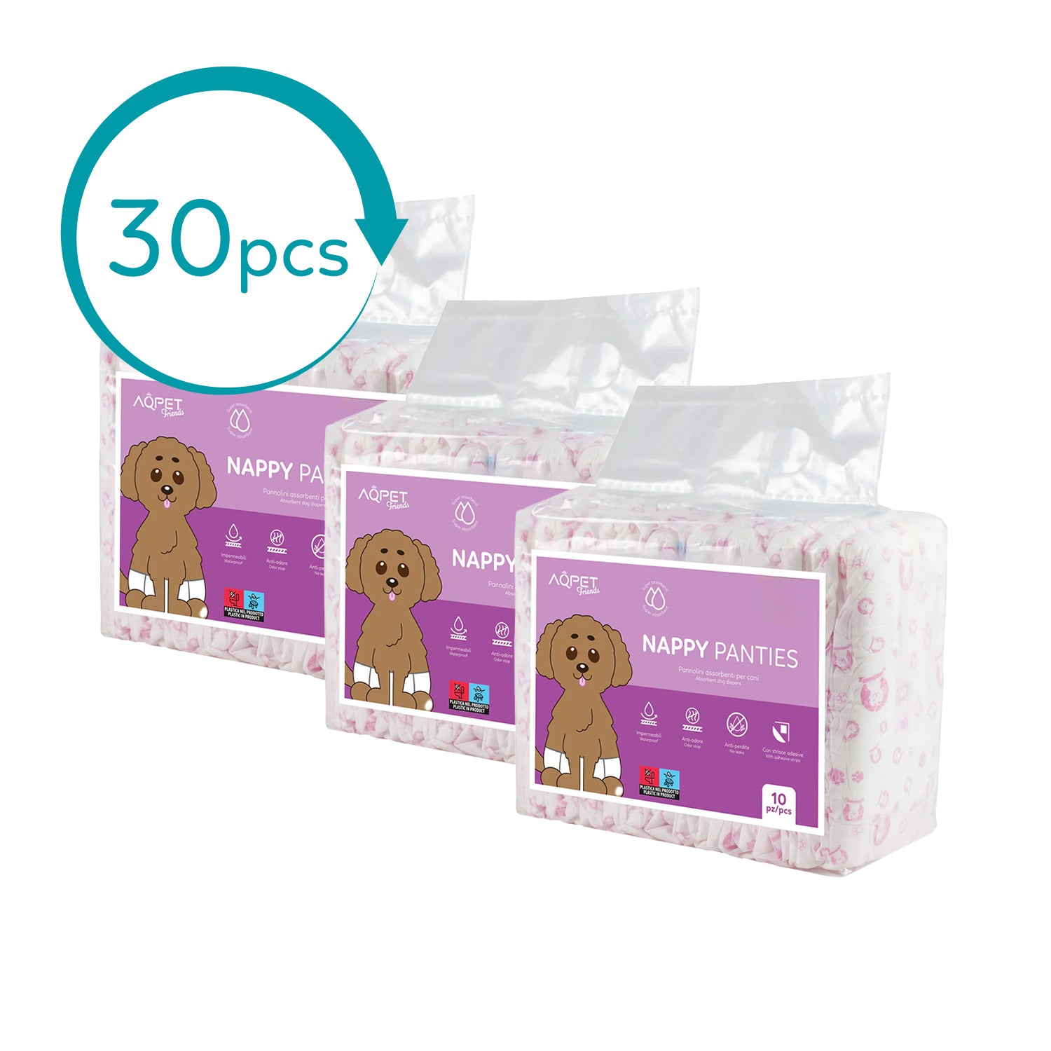 AQPET FRIENDS Nappy Panties Pannolini A Fascia Per Cani Femmina 30 Pezzi Assorbenti Igiene Quotidiana
