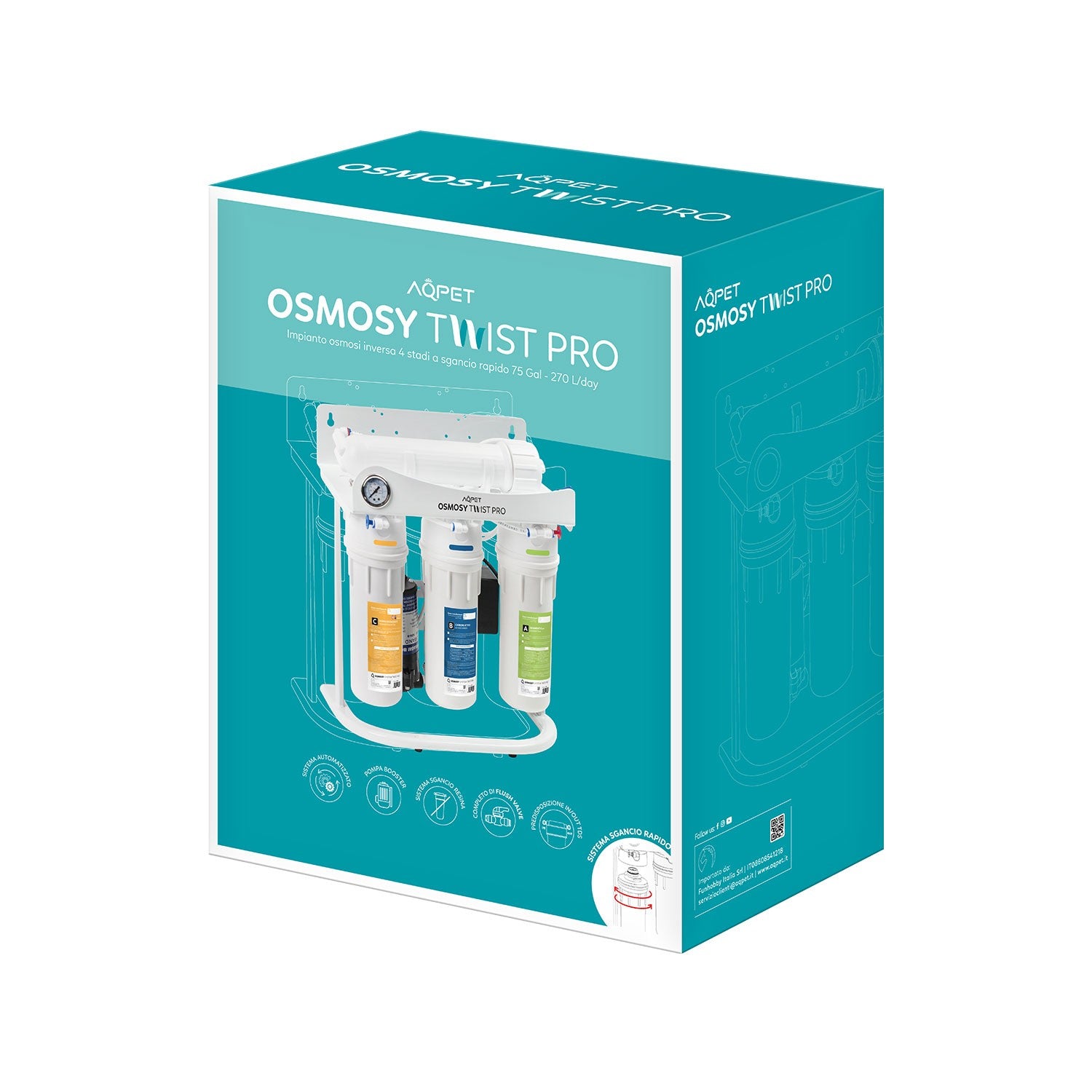 AQPET OSMOSY TWIST IMPIANTO OSMOSI INVERSA TWIST 4 PRO STADI 75 GALLONI VONTRON NUOVO SISTEMA SGANCIO RAPIDO